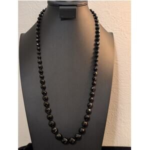 Vintage Jet Black Glass Faceted Graduated Bead Strand 30" Necklace